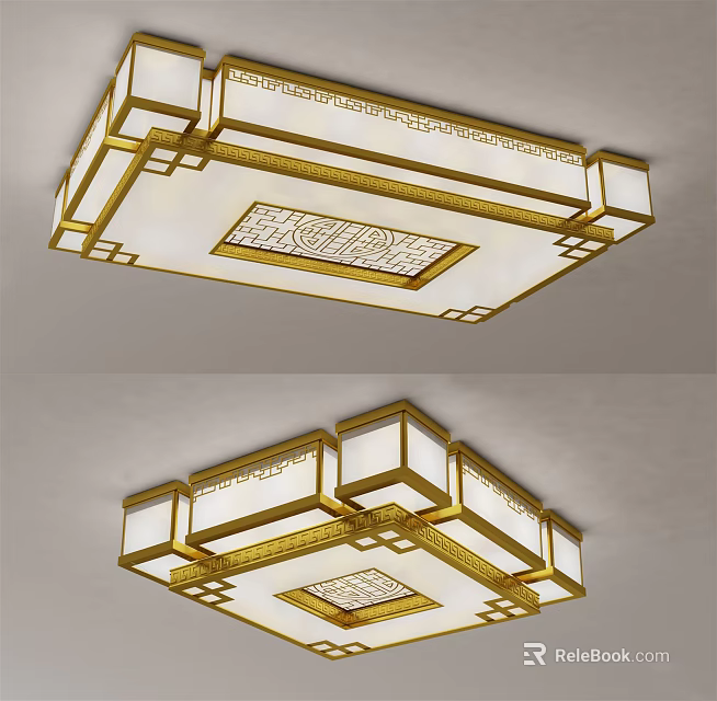 Elegant Square Ceiling Light With Golden Frame And Intricate Decorative Pattern 3d model