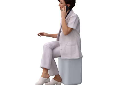 A Woman in White Uniform Sitting on Gray Box Talking on Phone with White Shoes 3d model