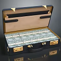Open Black Suitcase Filled with Stacked US Dollar Bills Featuring Golden Locks and Handle