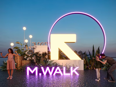 M WALK Night Scene Featuring Neon Circle Logo And People Taking 3d model