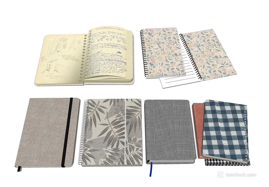 Assorted Notebooks With Spiral Binding Floral Leaf Checkered Covers And Lined Pages 3d model 