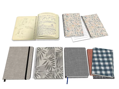 Assorted Notebooks With Spiral Binding Floral Leaf Checkered Covers And Lined Pages 3d model