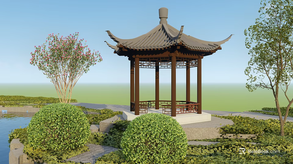 Chinese Style Pavilion With Traditional Roof And Wooden Pillars Surrounded By Green Bushes And Trees 3d model 