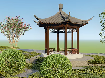 Chinese Style Pavilion With Traditional Roof And Wooden Pillars Surrounded By Green Bushes And Trees 3d model