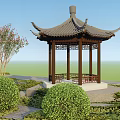 Chinese Style Pavilion With Traditional Roof And Wooden Pillars Surrounded By Green Bushes And Trees