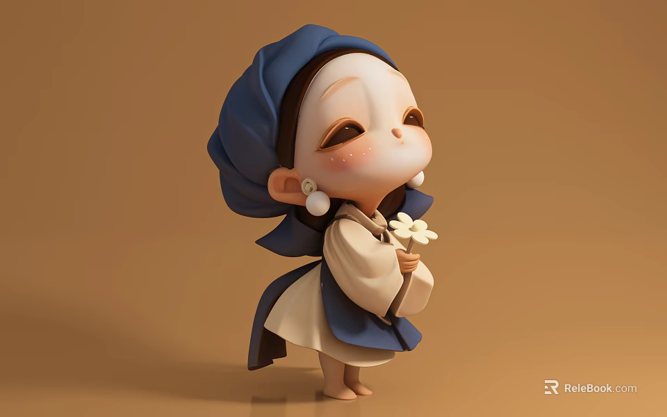 Little Girl In Blue Headscarf And Blue White Traditional Outfit Holding Small Flower Against Brown Background 3d model 