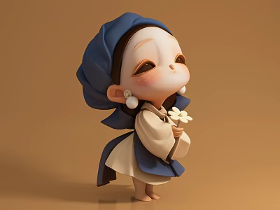Little Girl In Blue Headscarf And Blue White Traditional Outfit Holding Small Flower Against Brown Background 3d model