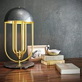 Wooden Office Desk With Modern Gold Stand Lamp Books And Drawers