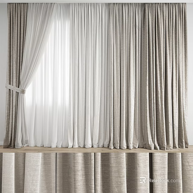 Beige Linen Textured Curtains With White Sheer Panels And Tie Backs 3d model 