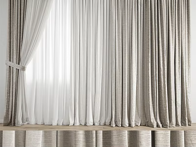 Beige Linen Textured Curtains With White Sheer Panels And Tie Backs 3d model
