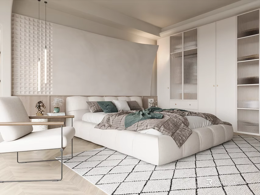 Modern Bedroom Interior Design With White Bed Gray Green Bedding And Geometric Rug 3d model 