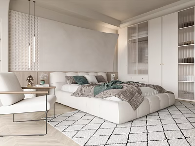 Modern Bedroom Interior Design With White Bed Gray Green Bedding And Geometric Rug 3d model