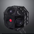 Black Polyhedral Tech Device With Lenses Red Light ANNA Label And Striped Pattern