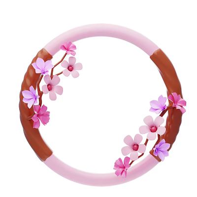 Decorative Ornament Set With Circular Pink Frame And Brown Branches With Pink Purple Flowers 3d model