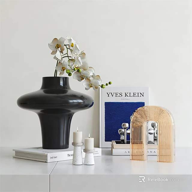 Decorative Ornament Set With Black Vase White Orchid Candles Blue Book Bamboo Arch Metal Balls 3d model 