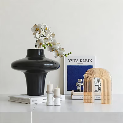 Decorative Ornament Set With Black Vase White Orchid Candles Blue Book Bamboo Arch Metal Balls 3d model