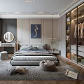 Modern Bedroom Interior Design With Gray Bedding Large Window Dressing Table And Built In Wardrobe 3d model