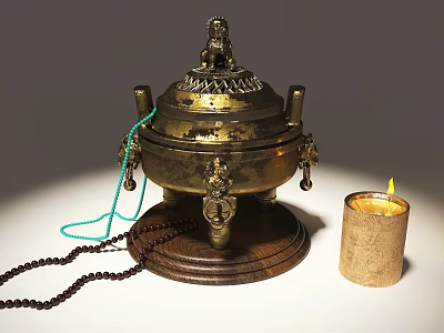 Brass Lion Incense Burner Decorative Ornament Set With Wooden Base Beads Green String Lit Candle 3d model