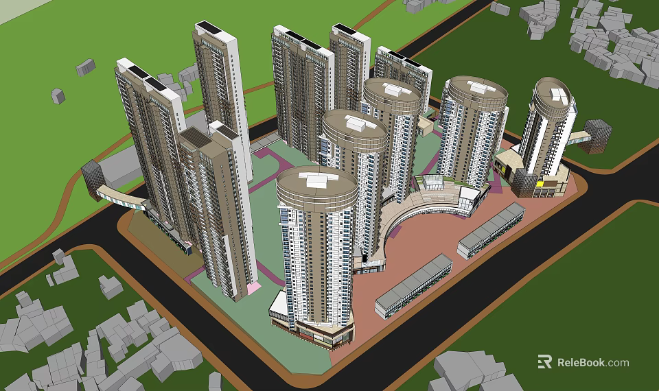 Modern High Rise Residential Complex With Various Shaped Towers Green Areas And Surrounding Roads 3d model 
