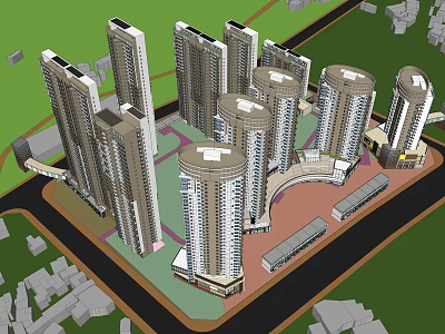 Modern High Rise Residential Complex With Various Shaped Towers Green Areas And Surrounding Roads 3d model