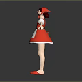 Red Hooded Character in Red Dress Stretching Arms with Red Disc on Gray Background