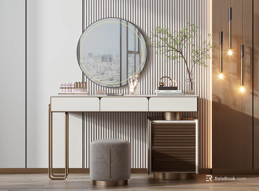 Modern Dressing Table With Round Mirror City Reflection Grey Stool Striped Wall And Decorative Lights 3d model 