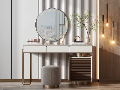 Modern Dressing Table With Round Mirror City Reflection Grey Stool Striped Wall And Decorative Lights 3d model