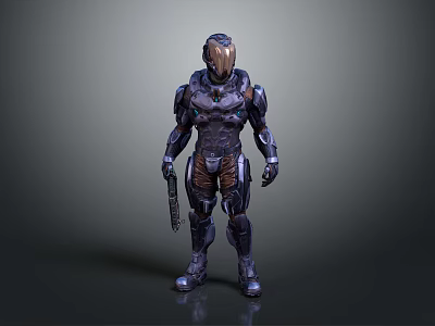 Futuristic Armored Character With Metallic Helmet And Weapon Standing In Dark Background 3d model