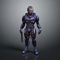 Futuristic Armored Character With Metallic Helmet And Weapon Standing In Dark Background
