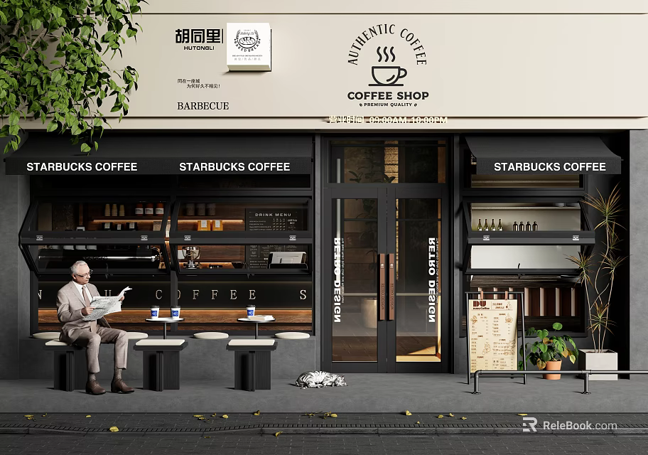 Starbucks Coffee Storefront With Origin Coffee Shop Signage Glass Door And Outdoor Seating 3d model 
