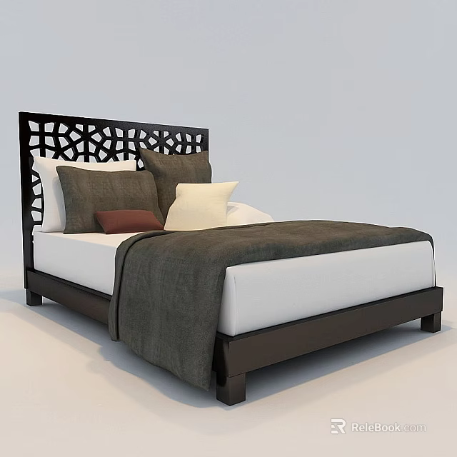 Double Bed with Dark Wooden Frame Intricate Carved Headboard and Gray White Pillows 3d model 