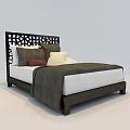 Double Bed with Dark Wooden Frame Intricate Carved Headboard and Gray White Pillows