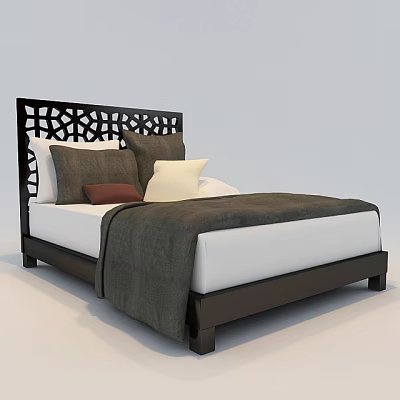 Double Bed with Dark Wooden Frame Intricate Carved Headboard and Gray White Pillows 3d model