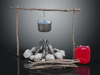 Campfire Setup With Hanging Metal Pot Stones Wooden Frame And Red Gasoline Can 3d model