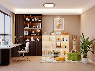 Bright Study Room Interior With Wooden Desk Office Chair Bookshelf And Green Plants 3d model