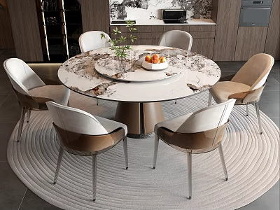 Modern Round Marble Top Dining Table With White Beige Upholstered Chairs On Circular Rug 3d model