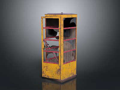 Vintage Yellow and Red Telephone Booth With Glass Windows and Aged Metal Frame 3d model