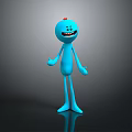 Funny Blue Cartoon Game Character With Smiling Face Red Head Spot Slender Body Gray Background