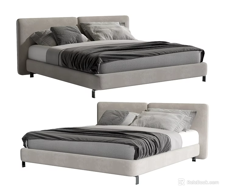Modern Upholstered Double Bed With Light Gray Frame Soft Pillows And Striped Blanket 3d model 