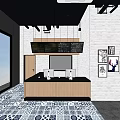 Modern Restaurant Interior With Wooden Tables Chairs Black White Patterned Floor And Open Kitchen