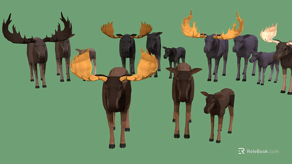Group of Moose with Various Sizes Different Colors and Yellow Dark Antlers on Green Background 3d model 