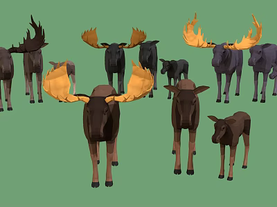 Group of Moose with Various Sizes Different Colors and Yellow Dark Antlers on Green Background 3d model