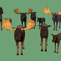 Group of Moose with Various Sizes Different Colors and Yellow Dark Antlers on Green Background