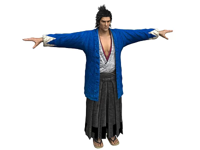 Traditional Character In Blue Coat Dark Pants With Tied Hair And Outstretched Arms 3d model