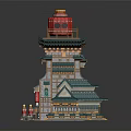 Traditional Chinese Multi tiered Tower With Green Roof Red Lanterns And Decorative Details