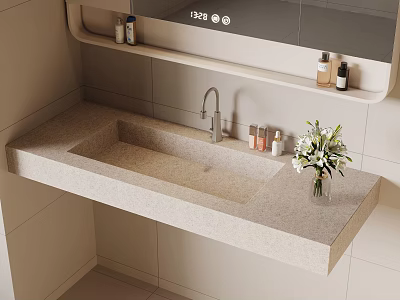 Elegant Stone Washbasin in Modern Bathroom with Faucet Vase Flowers Mirror and Toiletries Shelf 3d model