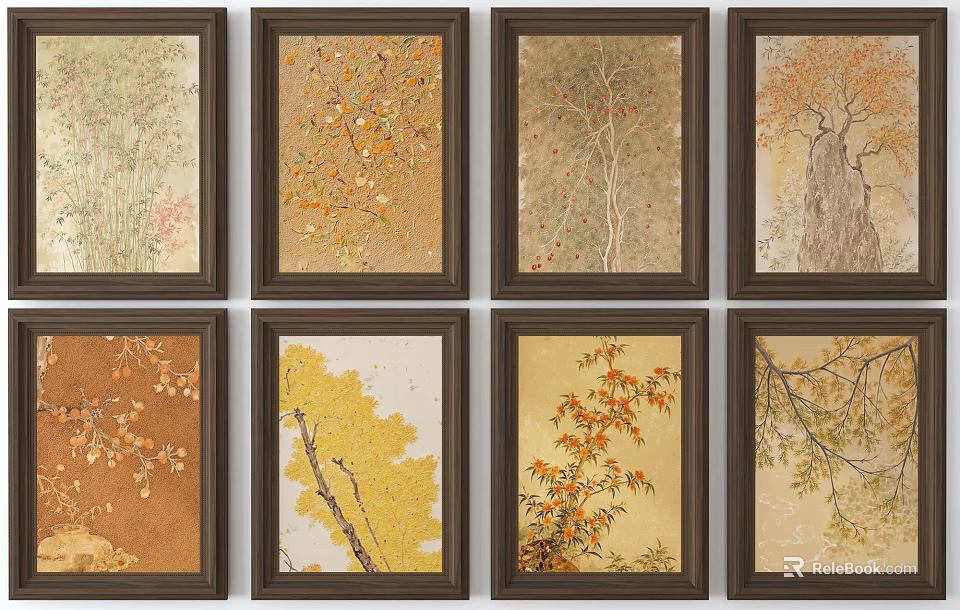 Eight Seasonal Tree Landscape Paintings in Dark Frames for Wall Decor 3d model 