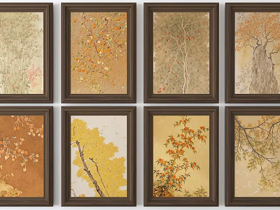Eight Seasonal Tree Landscape Paintings in Dark Frames for Wall Decor 3d model