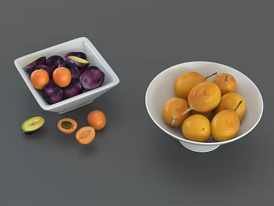 Fresh Ripe Plums and Apricots in White Bowls with Sliced Fruits 3d model