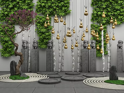 Garden Ornaments Featuring Green Vines Pink Flowering Tree Golden Gourds Stone Lion Statues And Birch Trunks 3d model
